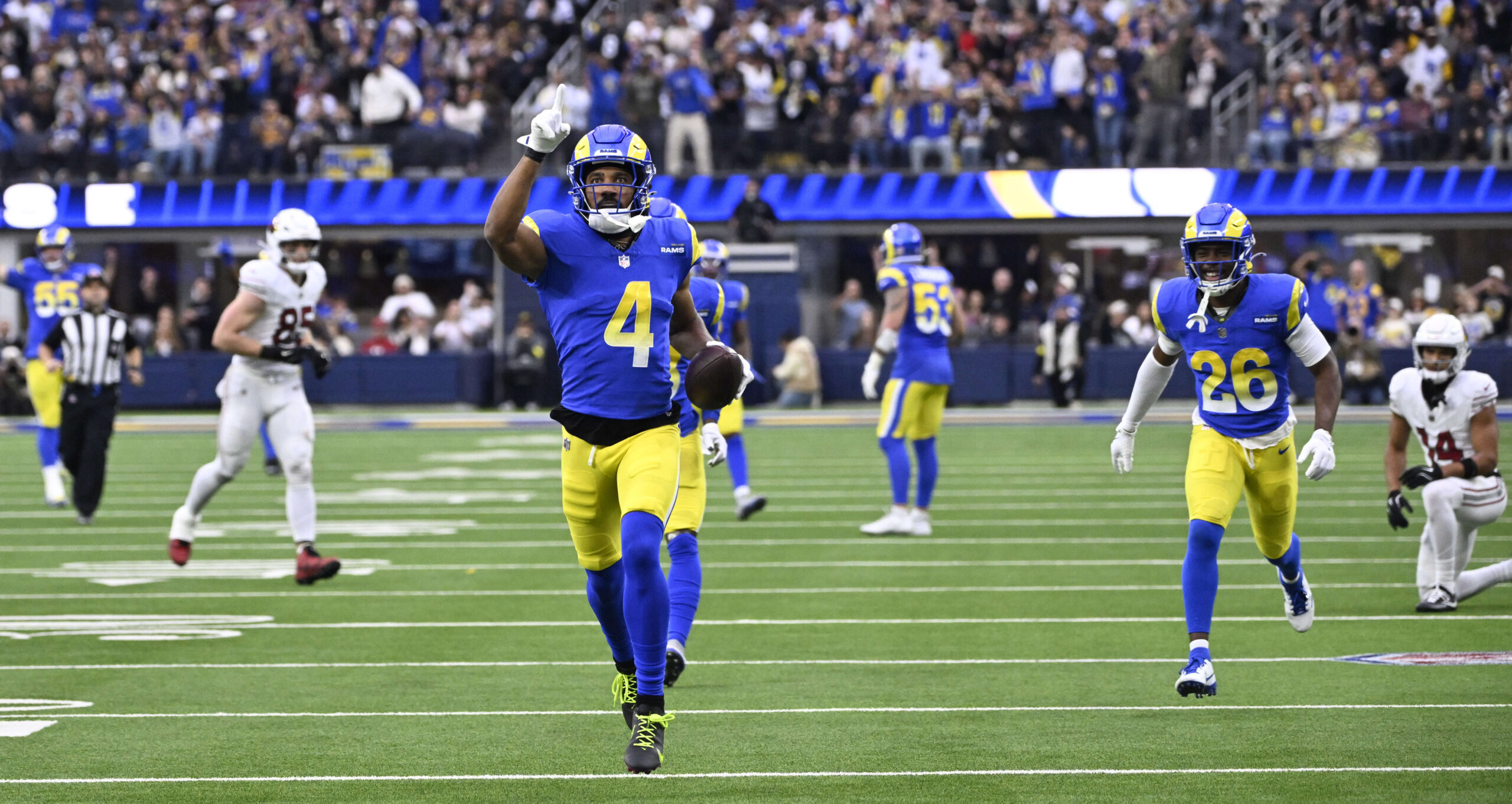 Rams cornerback Ahkello Witherspoon #4 reacts after a interception against...