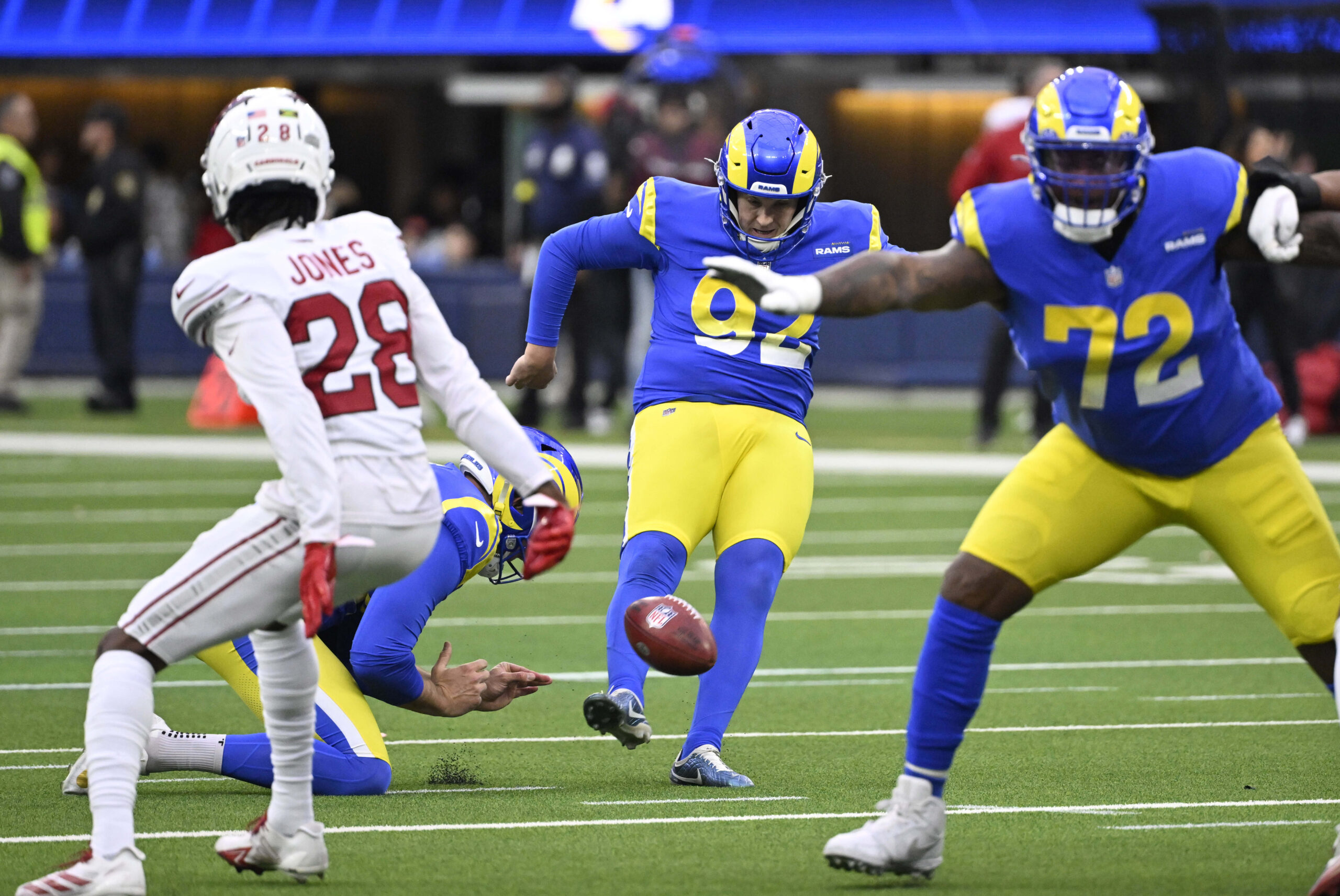 Rams place kicker Harrison Mevis #92 kicks a field goal...