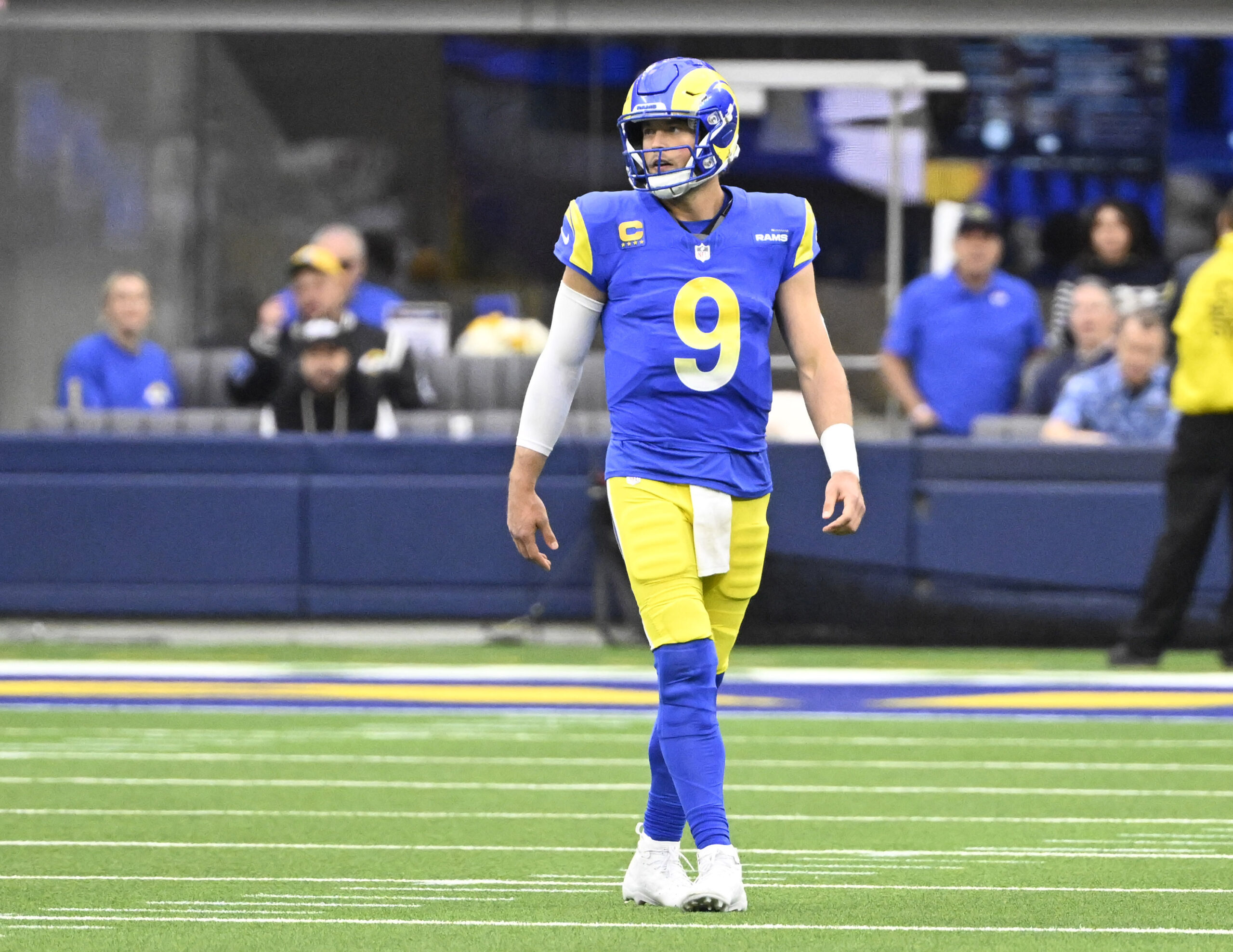 Rams quarterback Matthew Stafford #9 in the first half of...