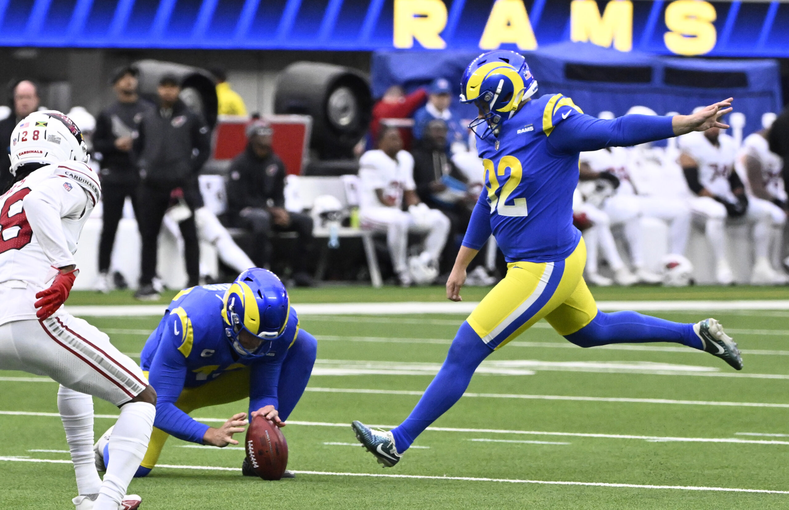 Rams place kicker Harrison Mevis #92 kicks a field goal...