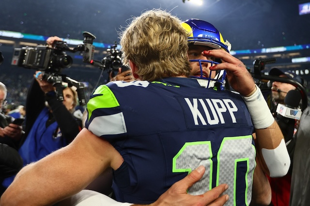 Jan 25, 2026; Seattle, WA, USA; Seattle Seahawks wide receiver Cooper Kupp (10) embraces Los Angeles Rams quarterback Matthew Stafford (9) after the 2026 NFC Championship Game at Lumen Field. Mandatory Credit: Kevin Ng-Imagn Images Matthew Stafford, Cooper Kupp, Rams, Seahawks