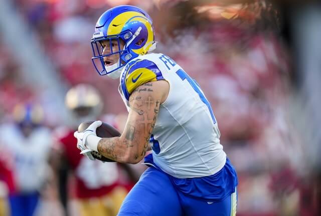 Nov 9, 2025; Santa Clara, California, USA; Los Angeles Rams tight end Terrance Ferguson (18) runs after a catch during the fourth quarter against the San Francisco 49ers at Levi's Stadium. Mandatory Credit: Cary Edmondson-Imagn Images Terrance Ferguson, Rams