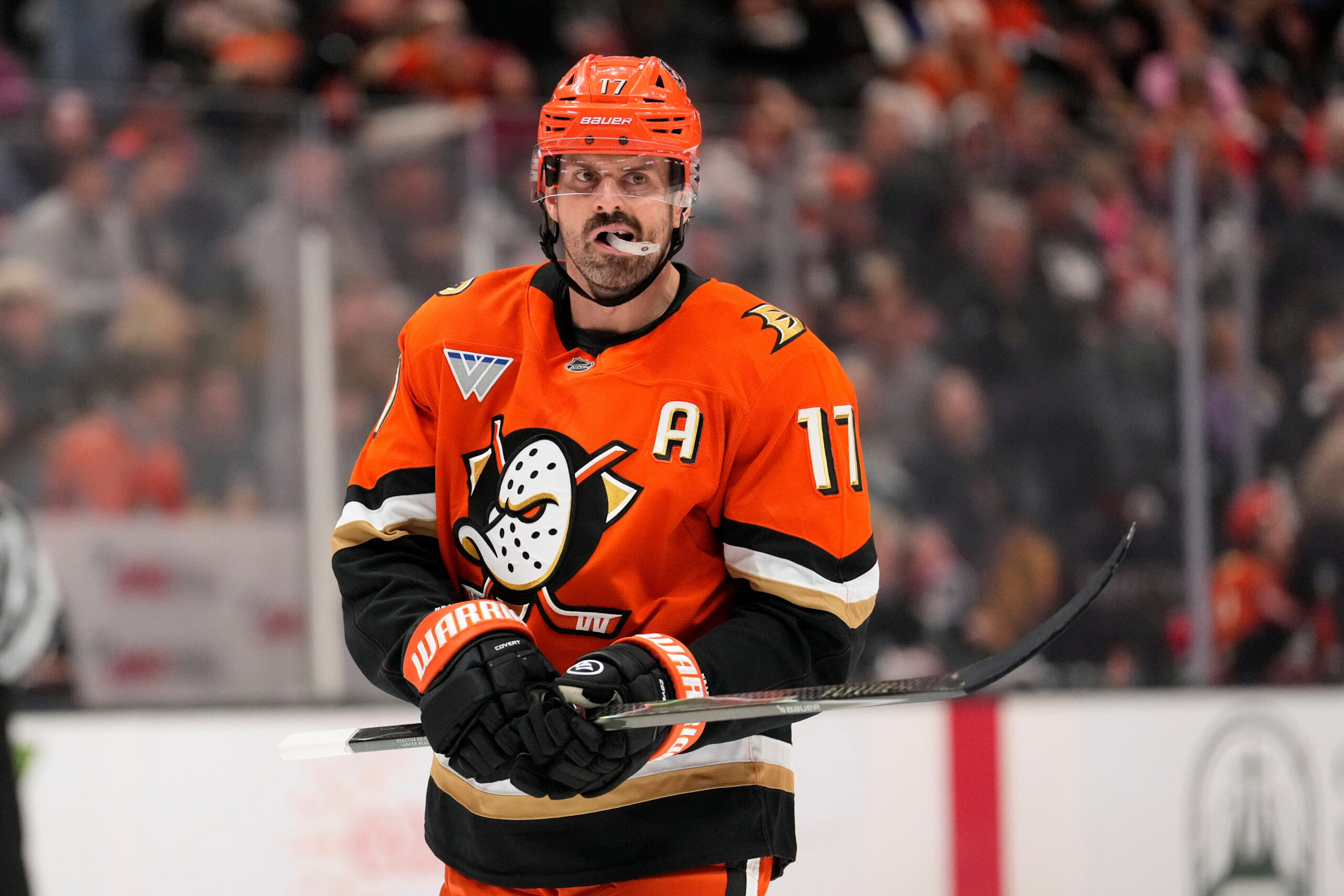 Ducks left wing Alex Killorn stands on the ice during...