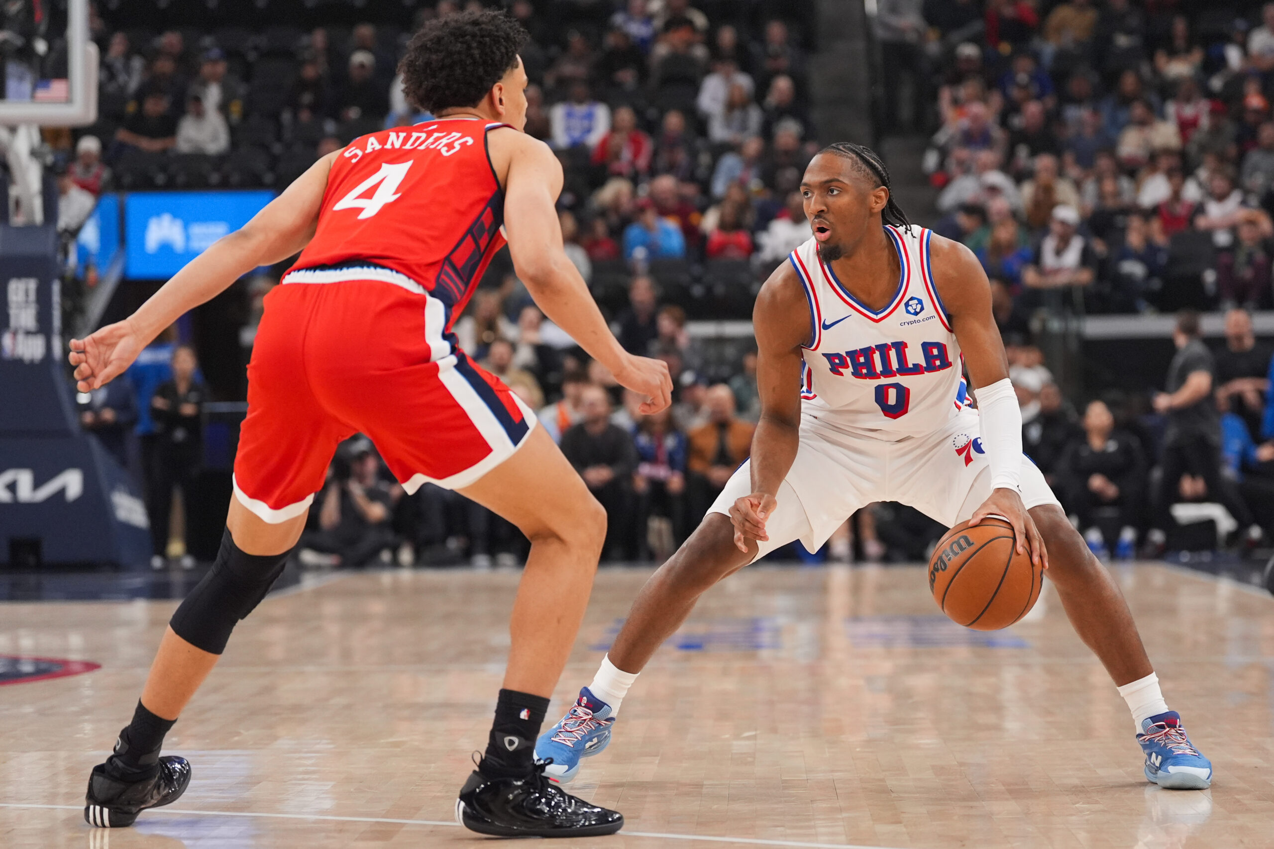 The Philadelphia 76ers’ Tyrese Maxey (0) is defended by Clippers...