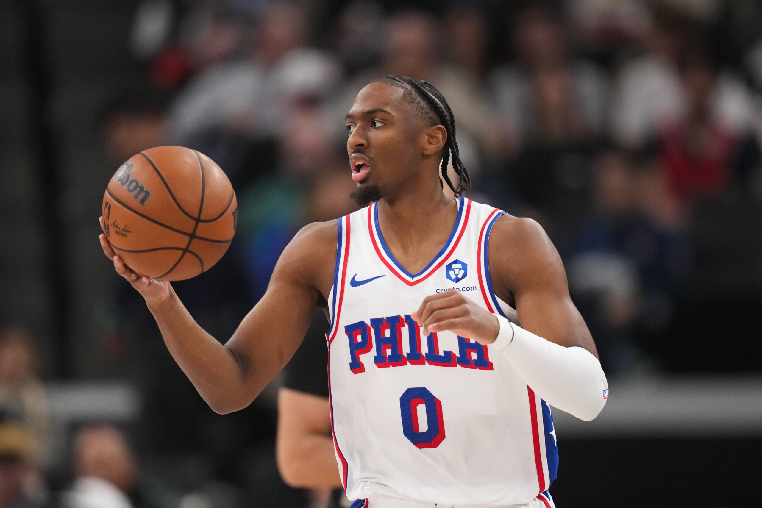 Philadelphia 76ers guard Tyrese Maxey dribbles during the first half...