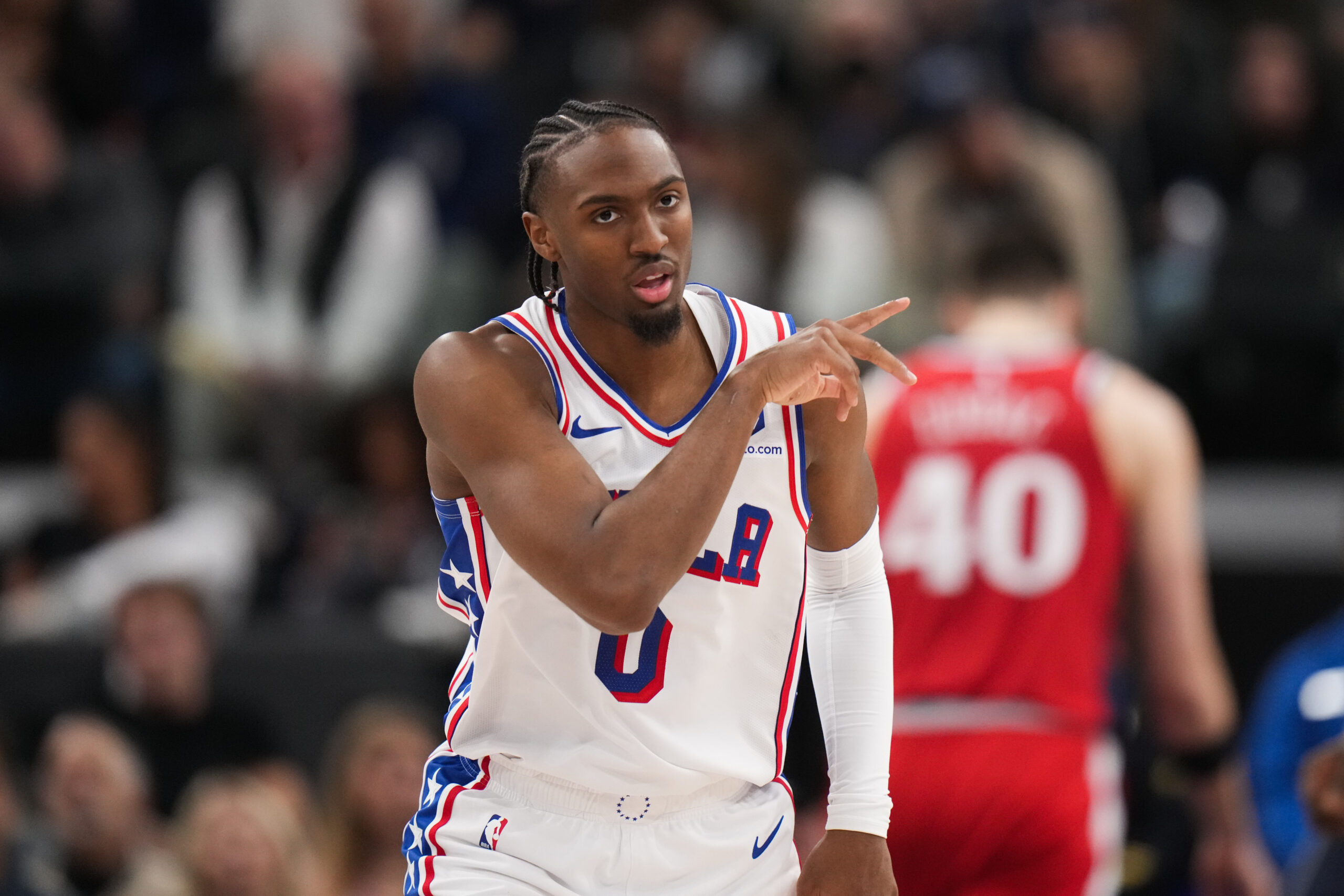 Philadelphia 76ers guard Tyrese Maxey (0) celebrates after making a...
