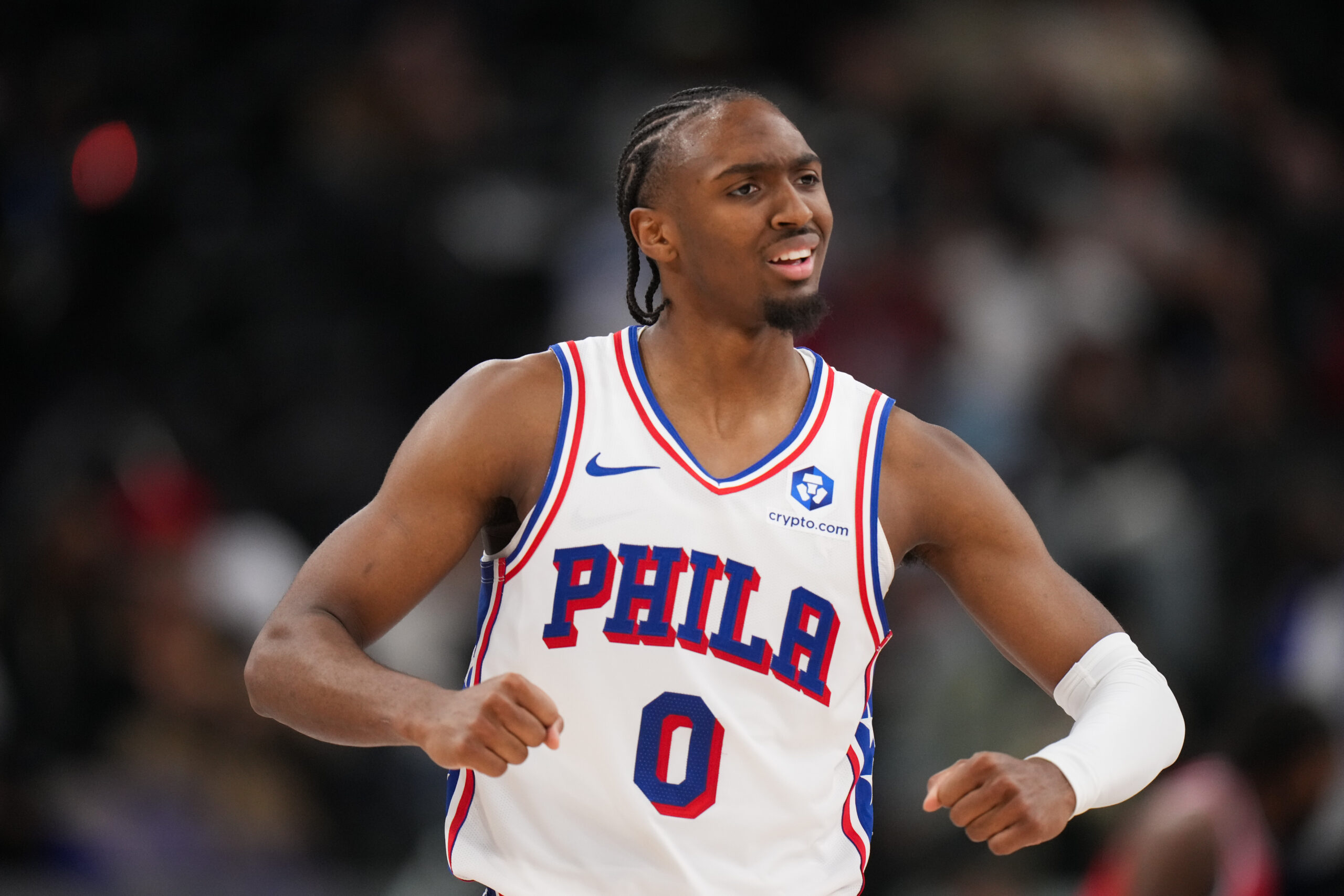 Philadelphia 76ers guard Tyrese Maxey (0) reacts to a play...