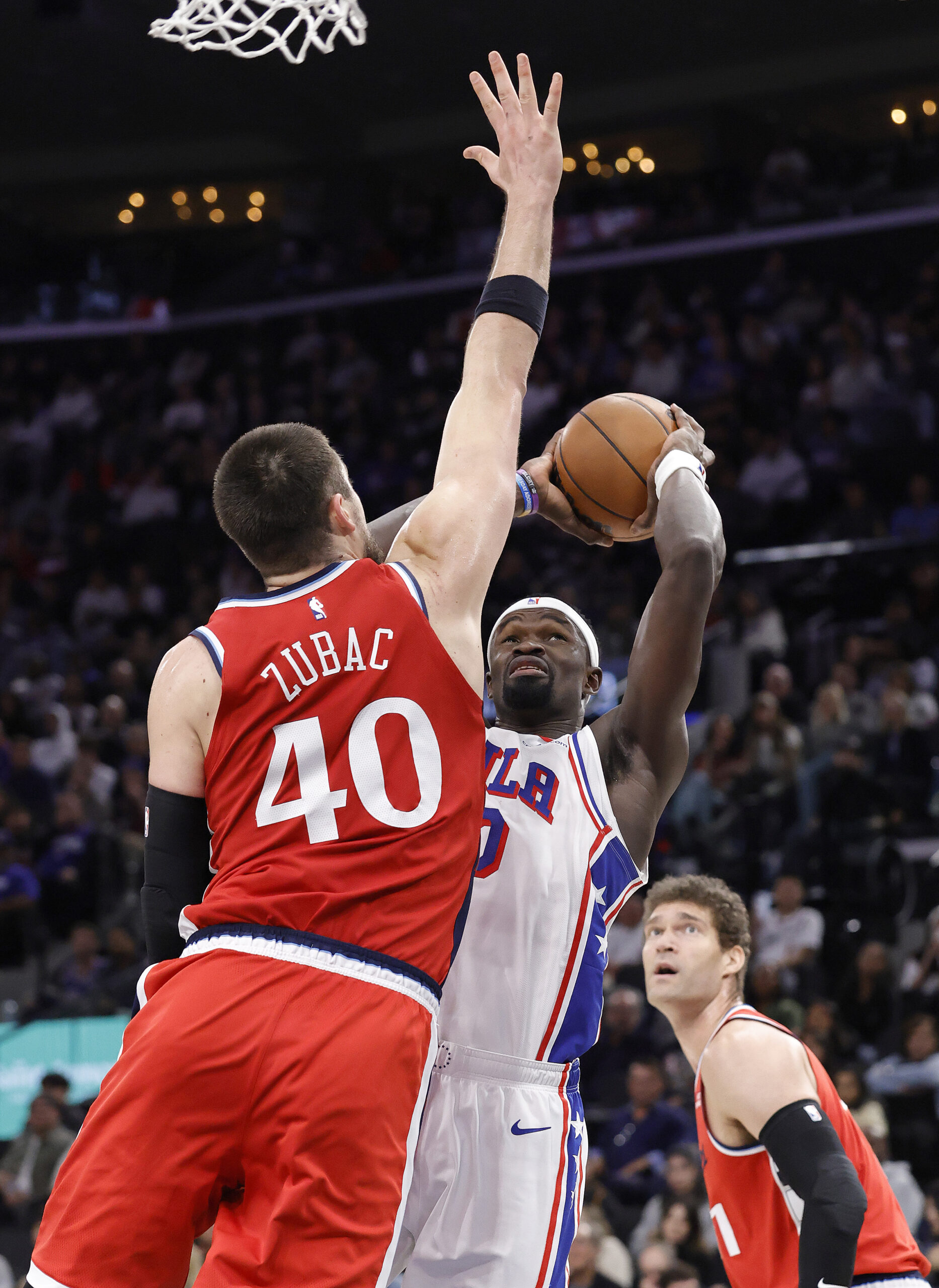 The Philadelphia 76ers’ Adem Bona takes a shot as Clippers...