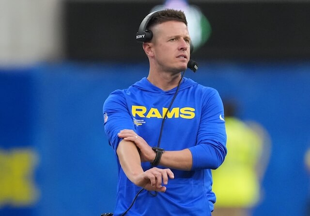 Aug 16, 2025; Inglewood, California, USA; Los Angeles Rams offensive coordinator Mike LaFleur reacts against the Los Angeles Chargers in the second half at SoFi Stadium. Mandatory Credit: Kirby Lee-Imagn Images Mike LaFleur, Rams