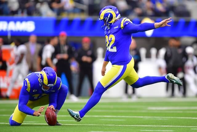 Jan 4, 2026; Inglewood, California, USA; Los Angeles Rams place kicker Harrison Mevis (92) kicks a field goal against the Arizona Cardinals during the first half at SoFi Stadium. Mandatory Credit: Gary A. Vasquez-Imagn Images Harrison Mevis, Rams